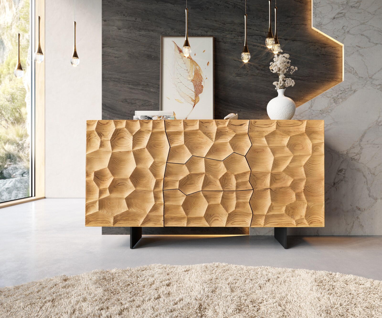 Sideboard Solu 145 cm Eiche Natur 2 Türen 3 Schübe Fuß schwebend Metall Schwarz 3D-Front 1