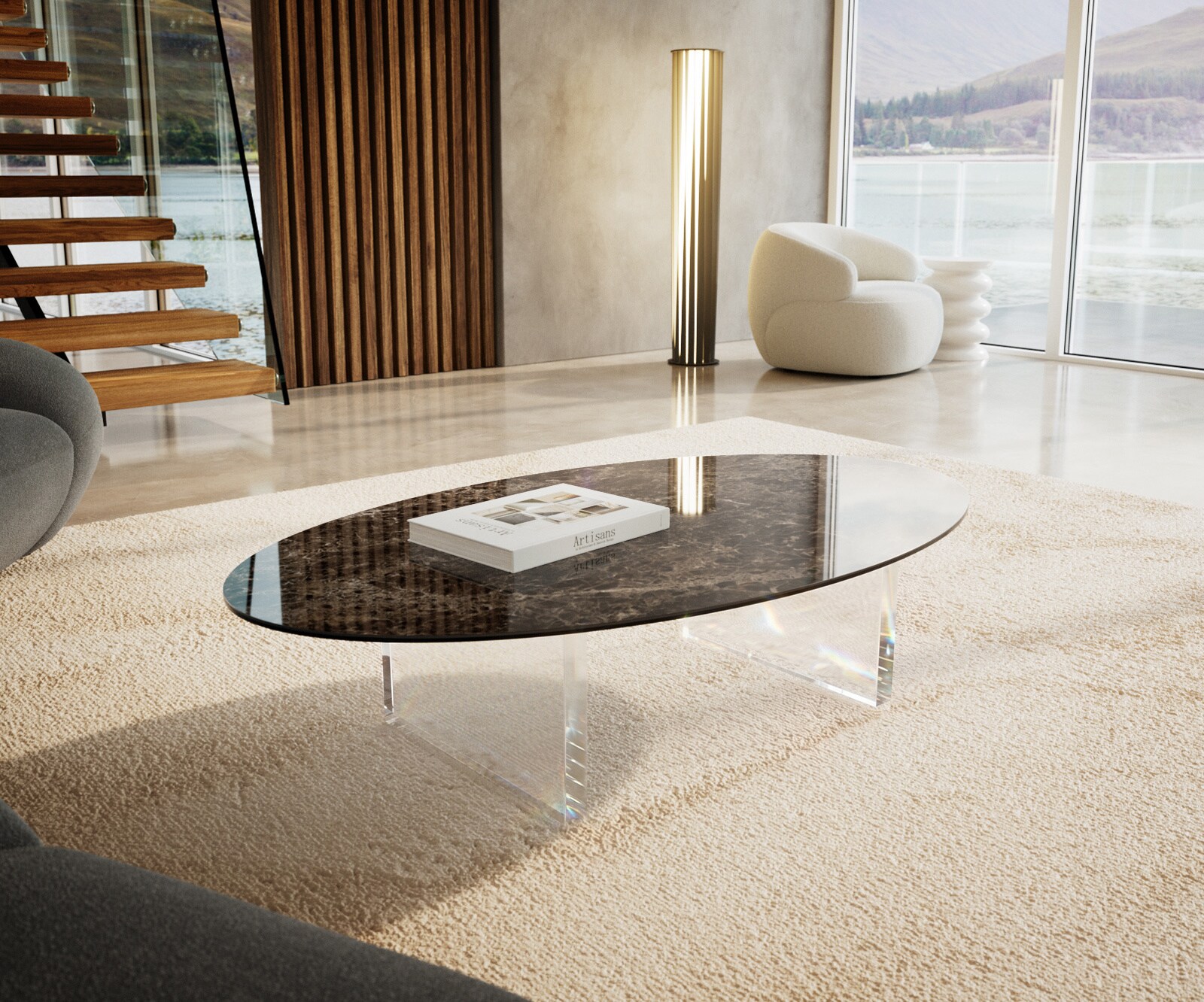 Couchtisch Edge Oval 140x80 cm Keramik Emperador Extra Lucidato Dunkelbraun Lumia Acryl 1