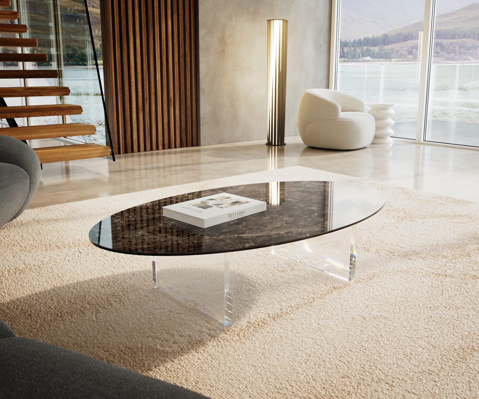Couchtisch Edge Oval 140x80 cm Keramik Emperador Extra Lucidato Dunkelbraun Lumia Acryl