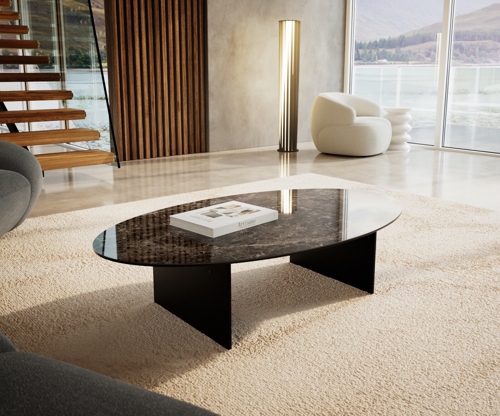 Couchtisch Edge Oval 140x80 cm Keramik Emperador Extra Lucidato Dunkelbraun Salto Metall Schwarz 1