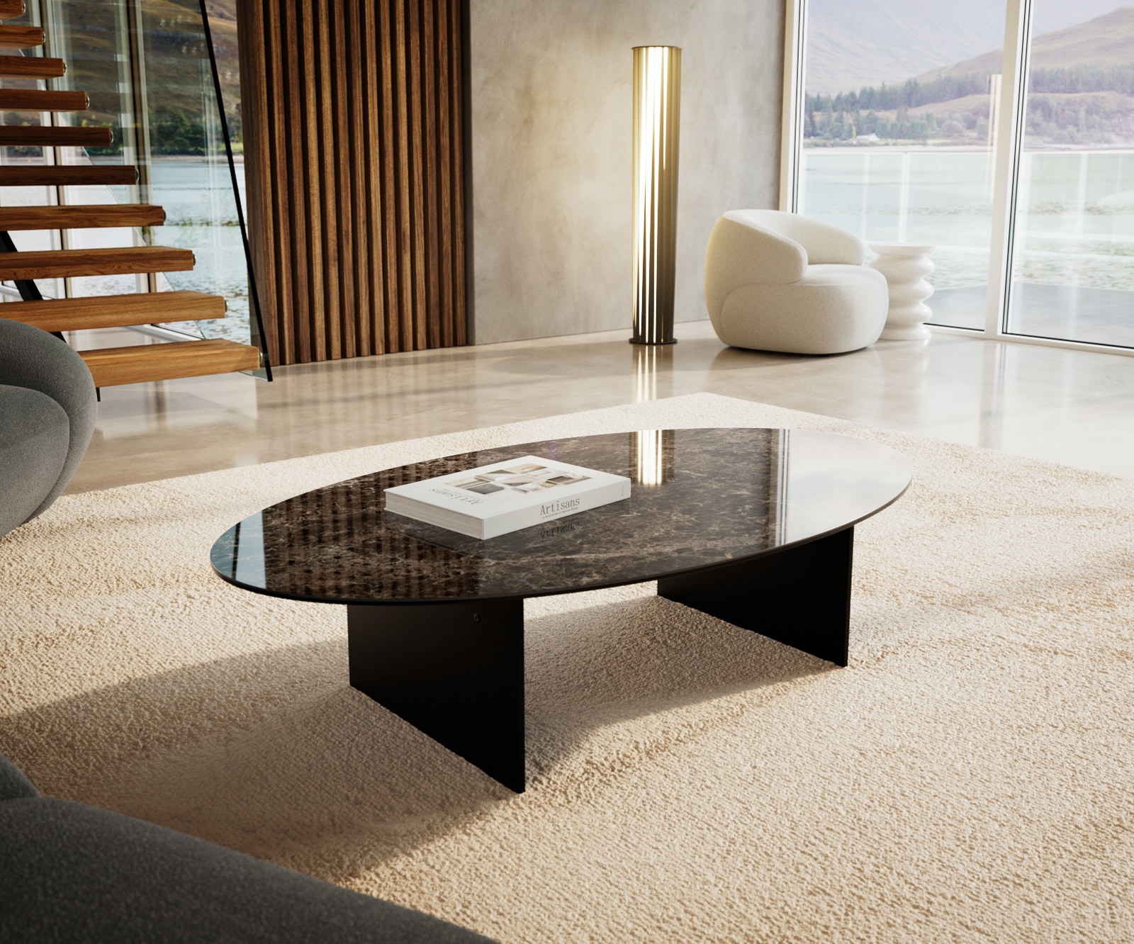 Couchtisch Edge Oval 140x80 cm Keramik Emperador Extra Lucidato Dunkelbraun Salto Metall Schwarz