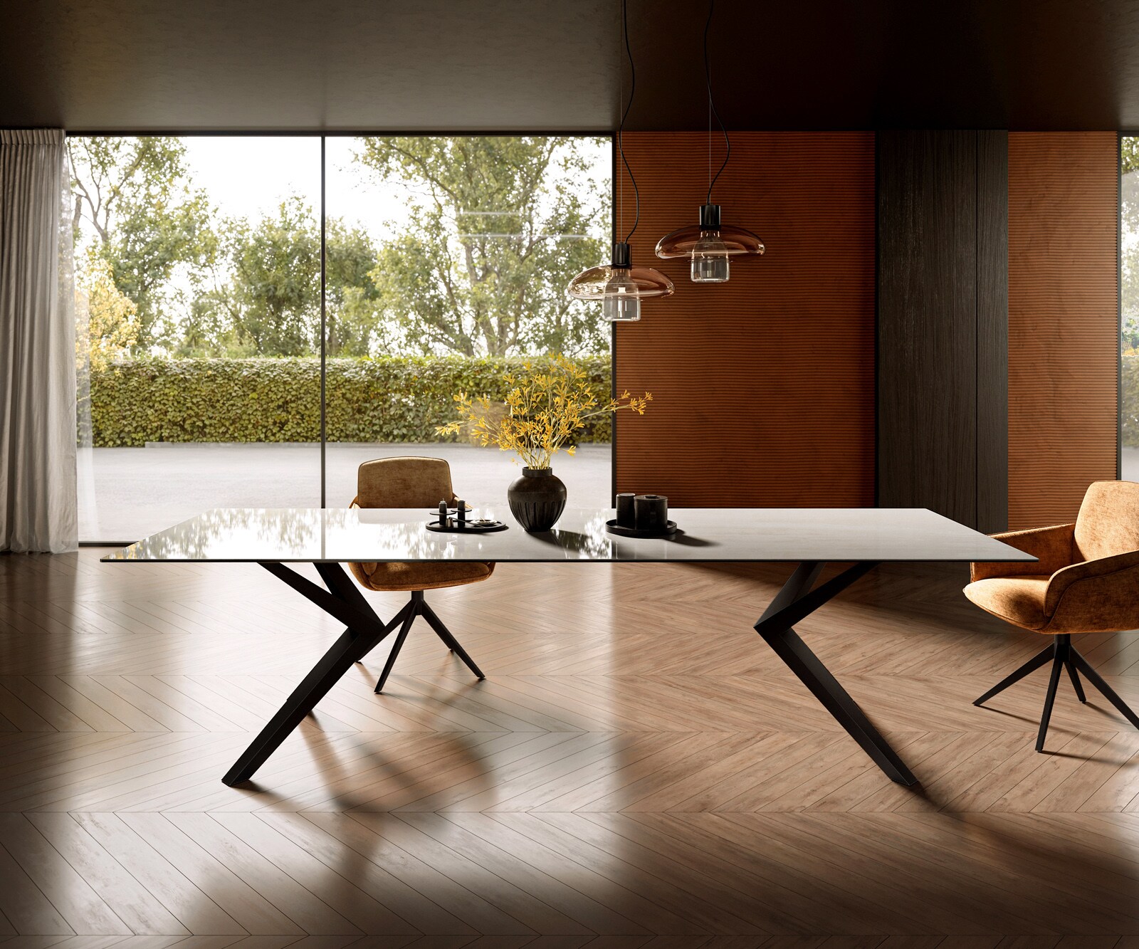 Esstisch Edge 300x100 cm Keramik Onyx Champagne Zenthara kantig Metall Schwarz 1