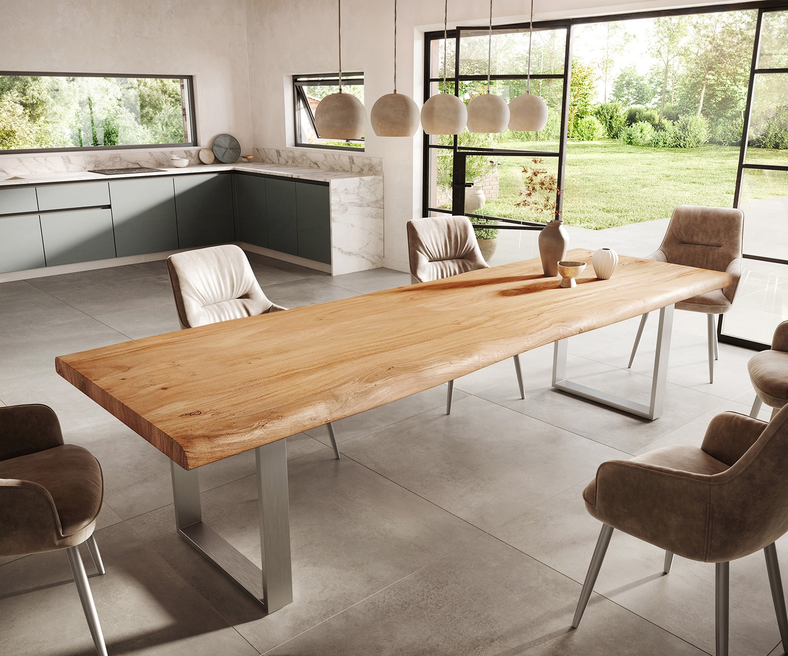 Esstisch Edge 300x100 XL Akazie Natur Edelstahl Schmal Live-Edge Esstisch Edge 300x100 XL Akazie Natur Edelstahl Schmal Live-Edge