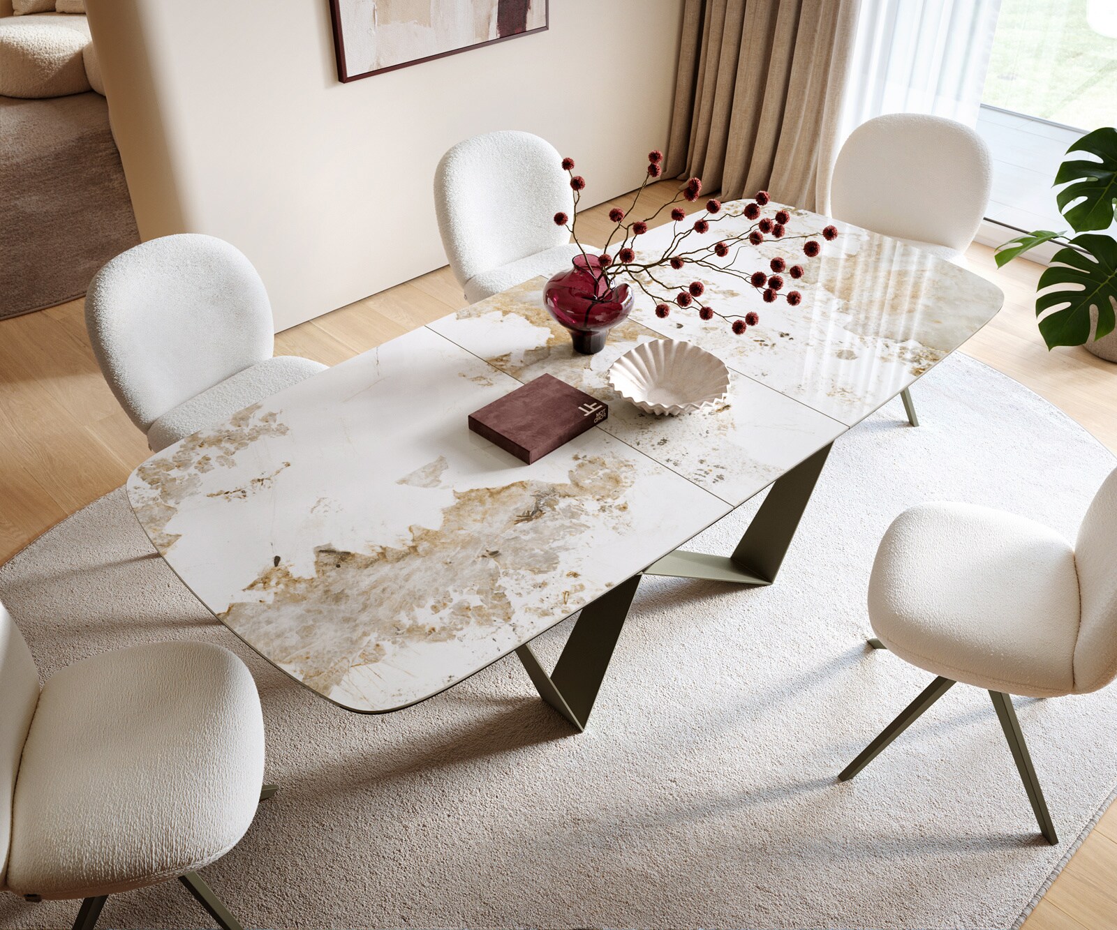 Esstisch Edge Boot 180-220x100 cm Keramik Minas Melange Weiß-Beige Spider Metall Effektfinish Titan ausziehbar 4
