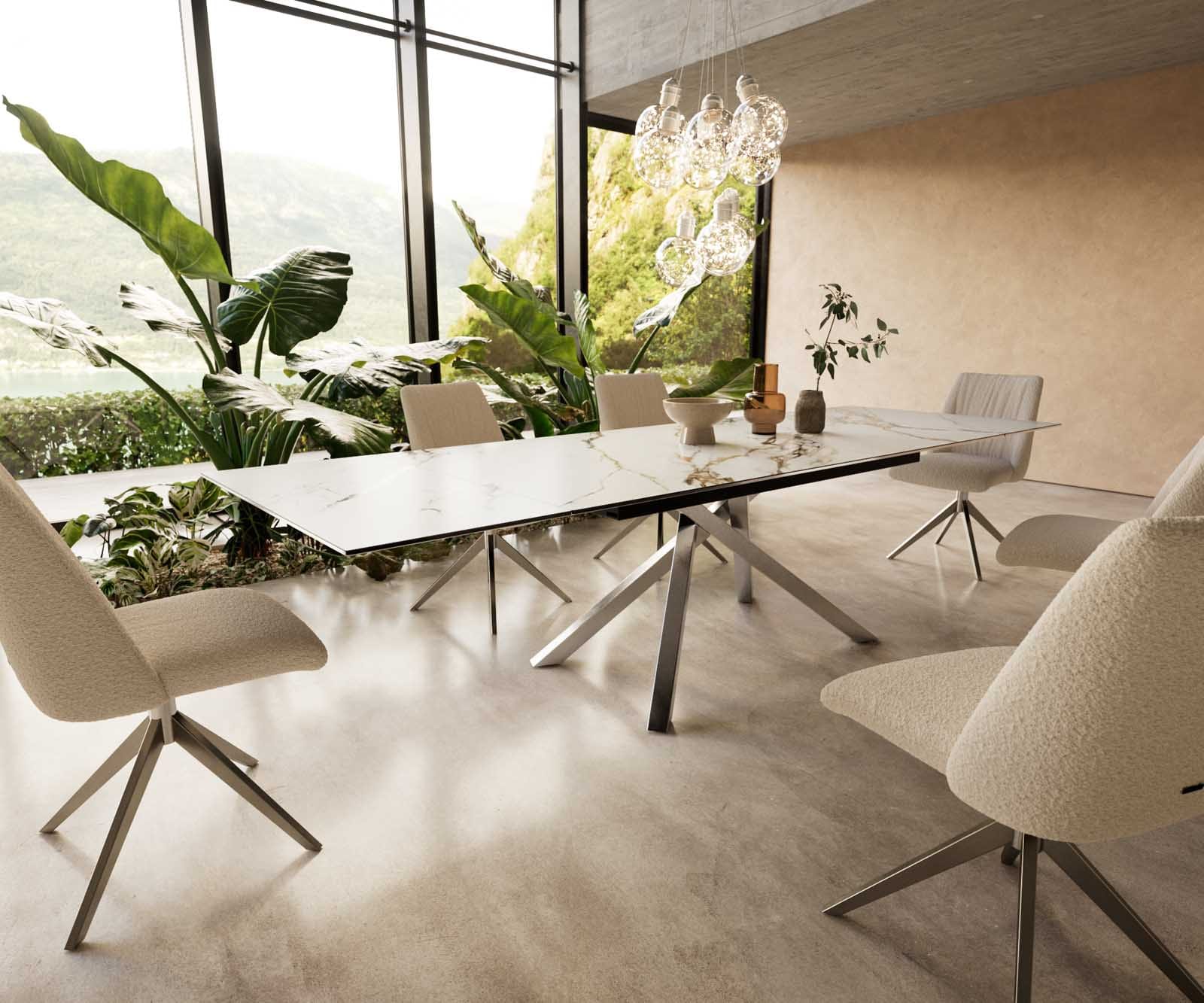 Esstisch Edge 200-300x100 Keramik Calacatta Luxe Weiß-Gold-Grau Kreuzgestell Rechteck Edelstahl ausziehbar Esstisch Edge 200-300x100 Keramik Calacatta Luxe Weiß-Gold-Grau Kreuzgestell Rechteck Edelstahl ausziehbar