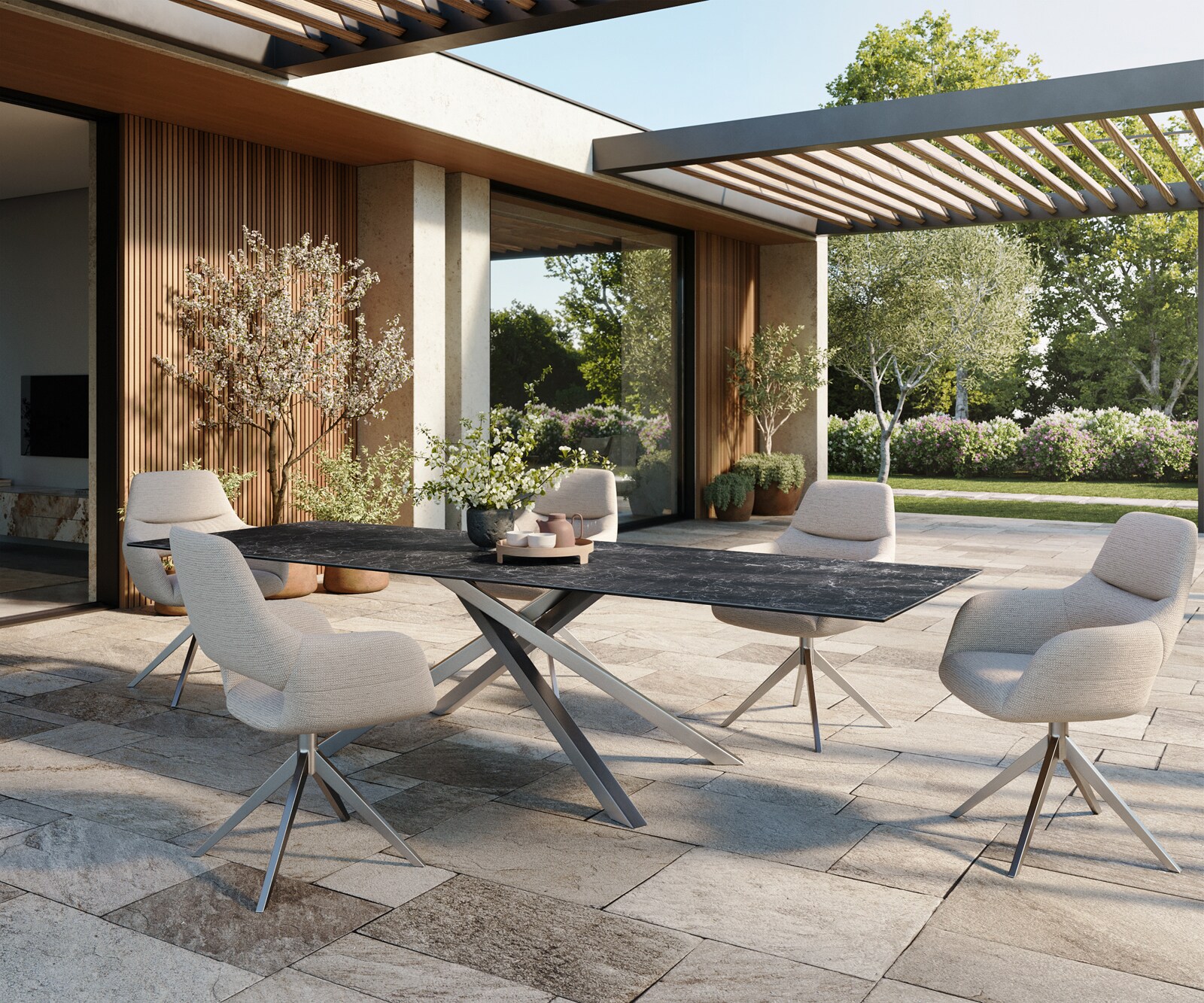 Outdoortisch Edge 300x100 cm Keramik Laminam® Nero Greco Anthrazit Kreuzgestell Rechteck Edelstahl 5