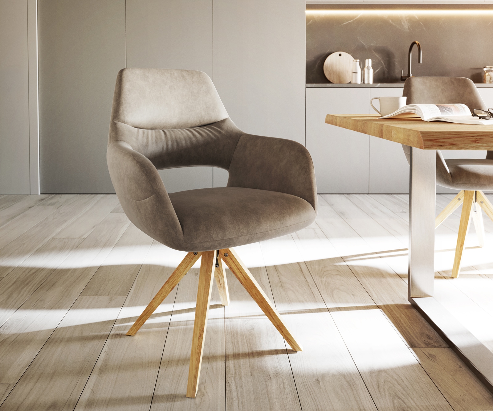 Esszimmerstuhl Yago-Flex mit Armlehnen Mikrofaser Taupe Vintage Holzgestell kantig Natur 360° drehbar Taschenfederkern