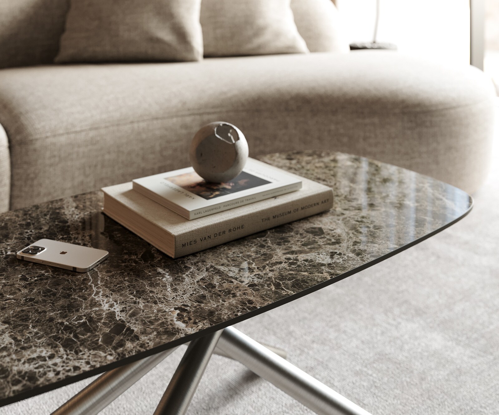 Couchtisch Edge Boot 100x50 cm Keramik Emperador Extra Lucidato Dunkelbraun Sarity Edelstahl gebürstet 5