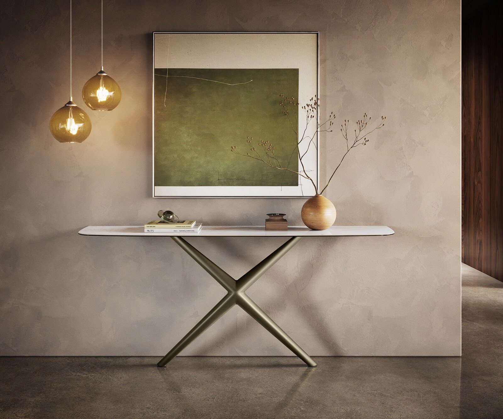 DELIFE Konsolentisch Edge Boot 180x40 cm Keramik Onyx Pearl Estelo Metall Effektfinish Titan, Konsolentische - Grau-Beige B180 x T40 x H79 cm