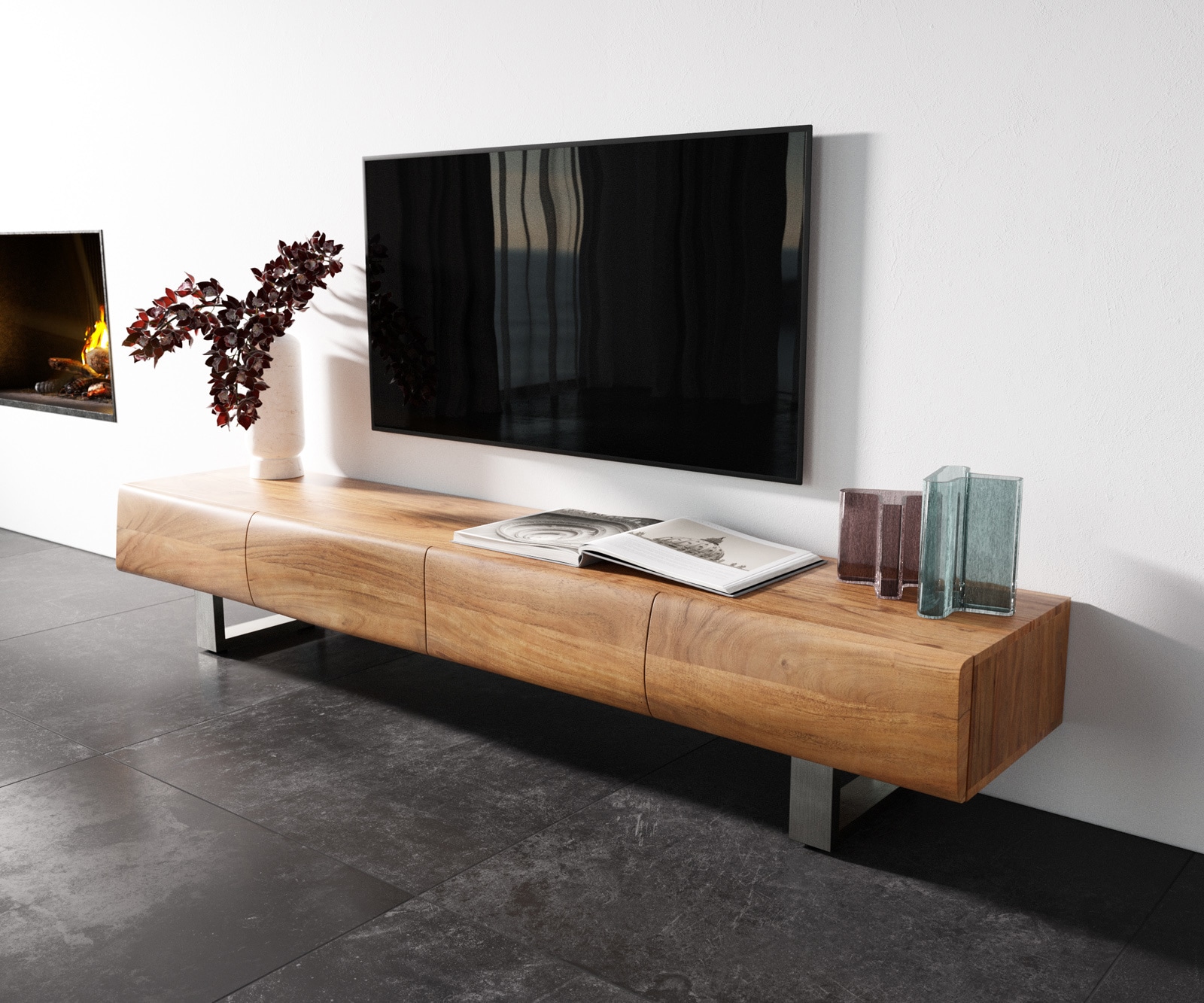 Lowboard New Live-Edge 200 cm Akazie Natur 4 Türen Kufe Edelstahl gebürstet