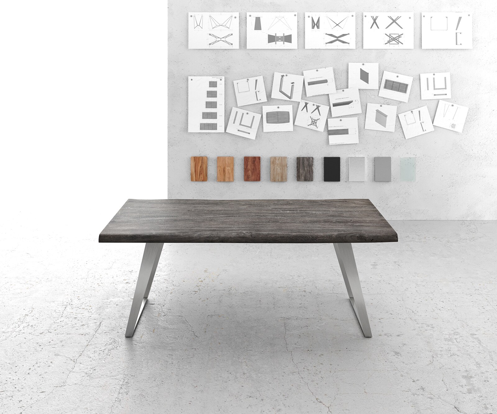 Esstisch Edge 200x100cm XL Akazie Platin Edelstahl Silber schräg Live-Edge 1
