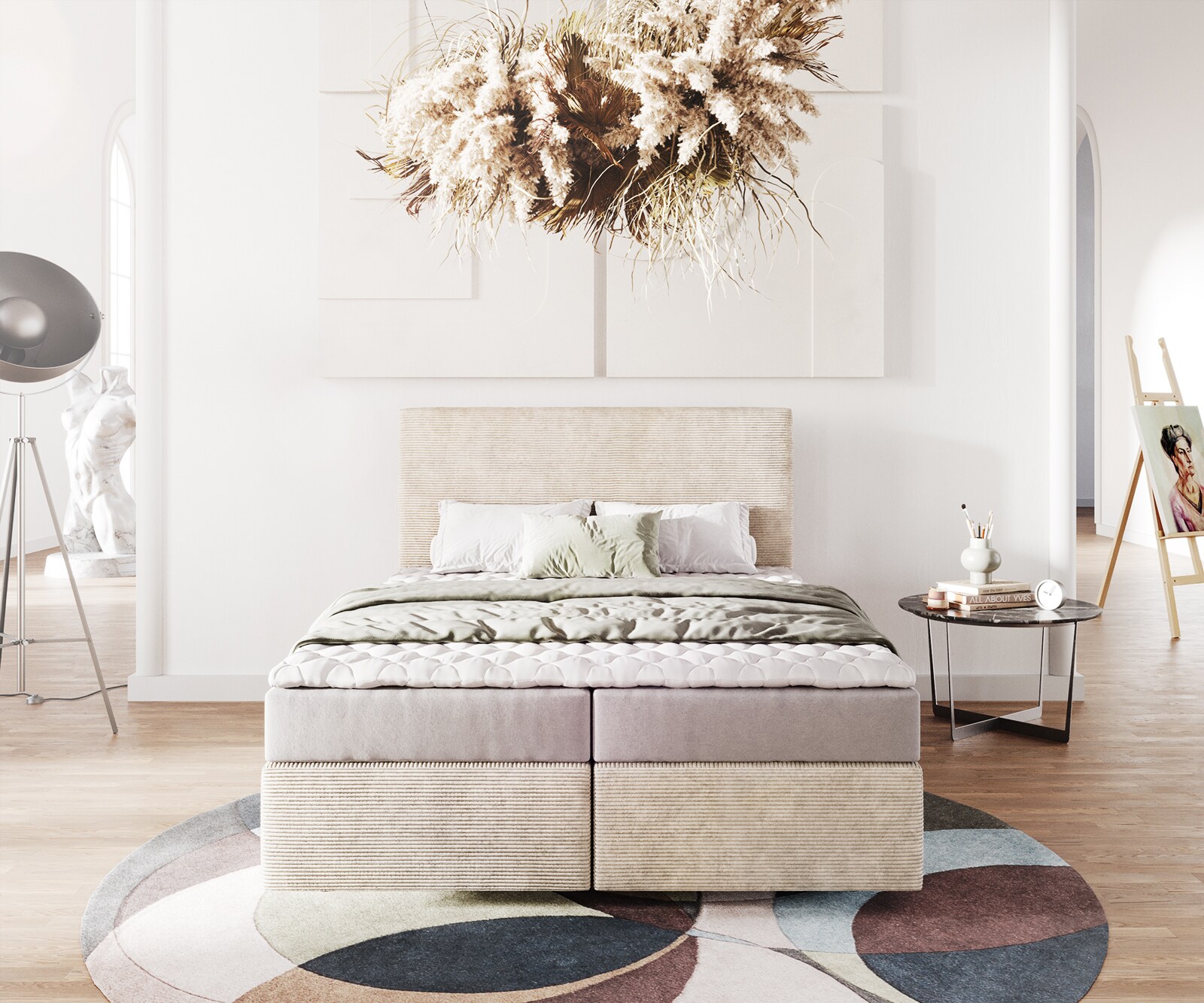 Boxspringbett Dream-Well 140x200 cm Cord Beige mit Matratze und Topper 1