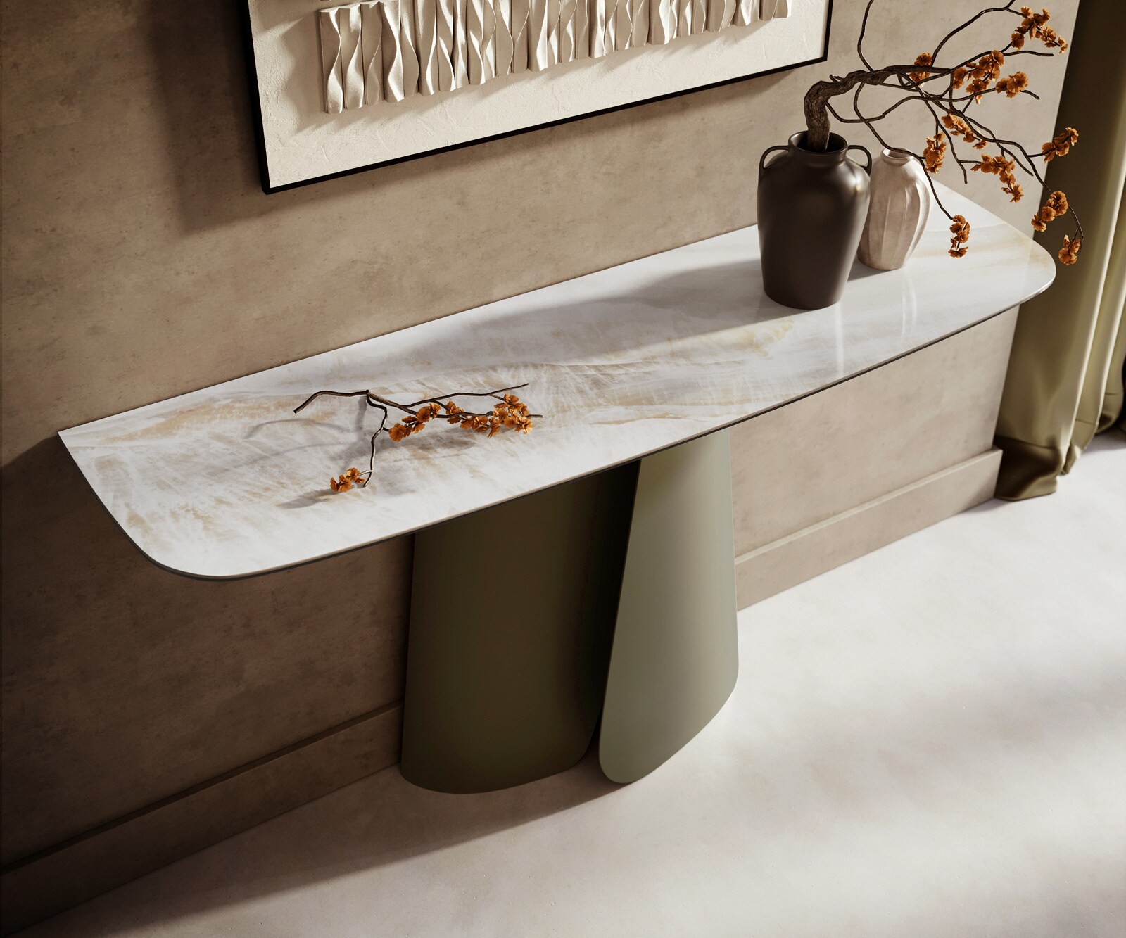 Konsolentisch Edge Boot 140x40 cm Keramik Onyx Pearl Livos Metall Effektfinish Titan 1