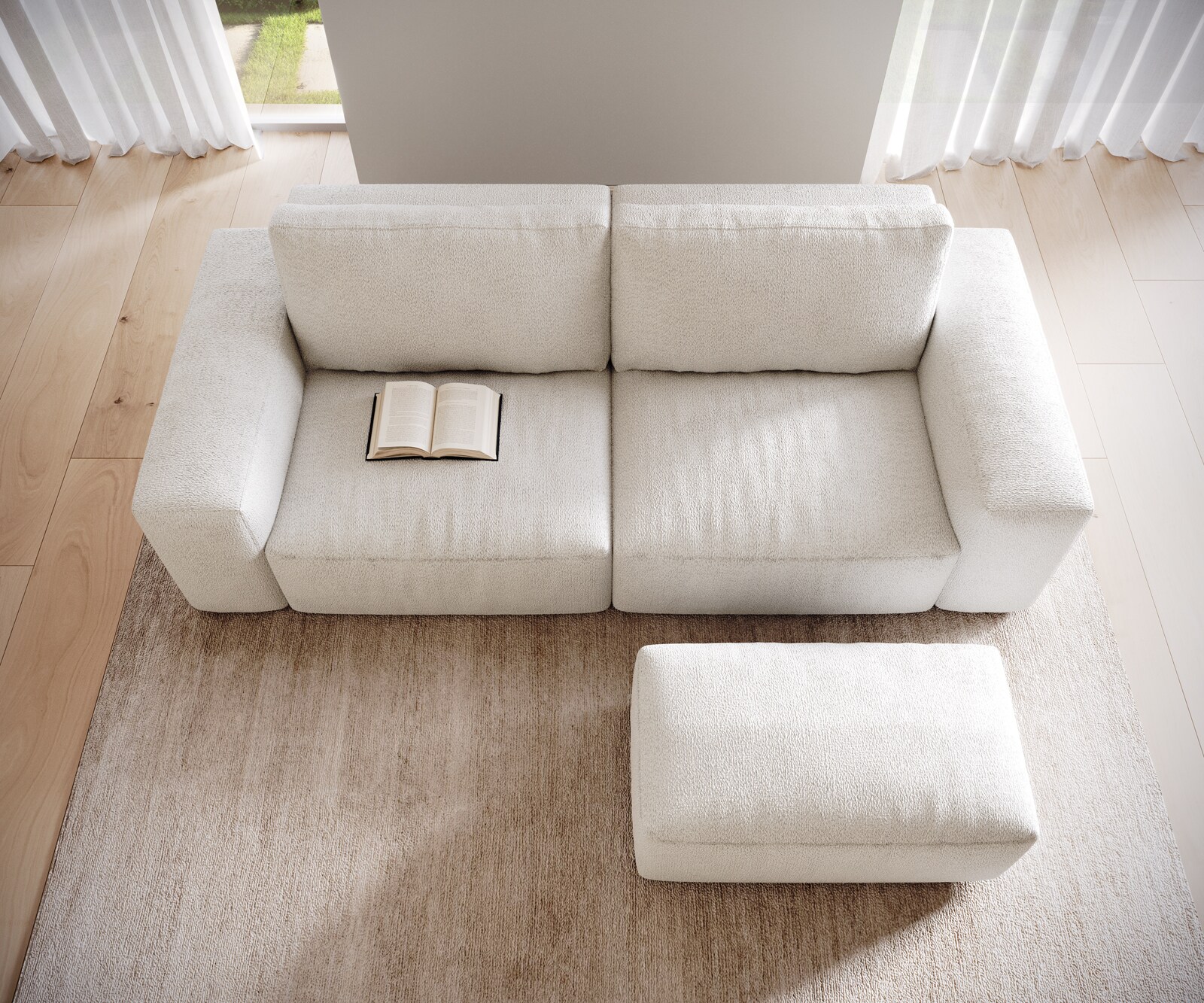 Big-Sofa Lanzo 230x95 cm Bouclé Creme-Weiß mit Hocker 4