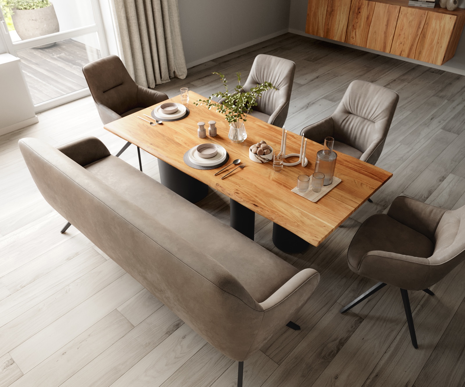 Esszimmerbank Taya-Flex 200 cm Mikrofaser Taupe Vintage Kreuzgestell kantig Schwarz Taschenfederkern 3