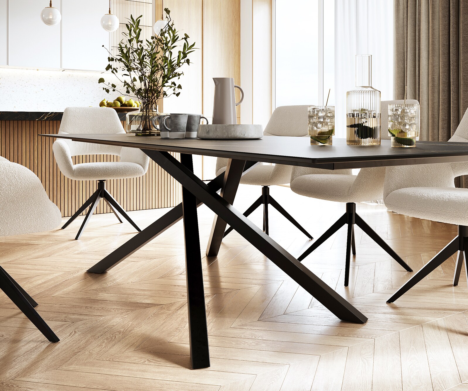 Esstisch Edge 300x100cm Keramik Laminam®Noir Desir Braun Mittelfuß Kreuz Schwarz 4