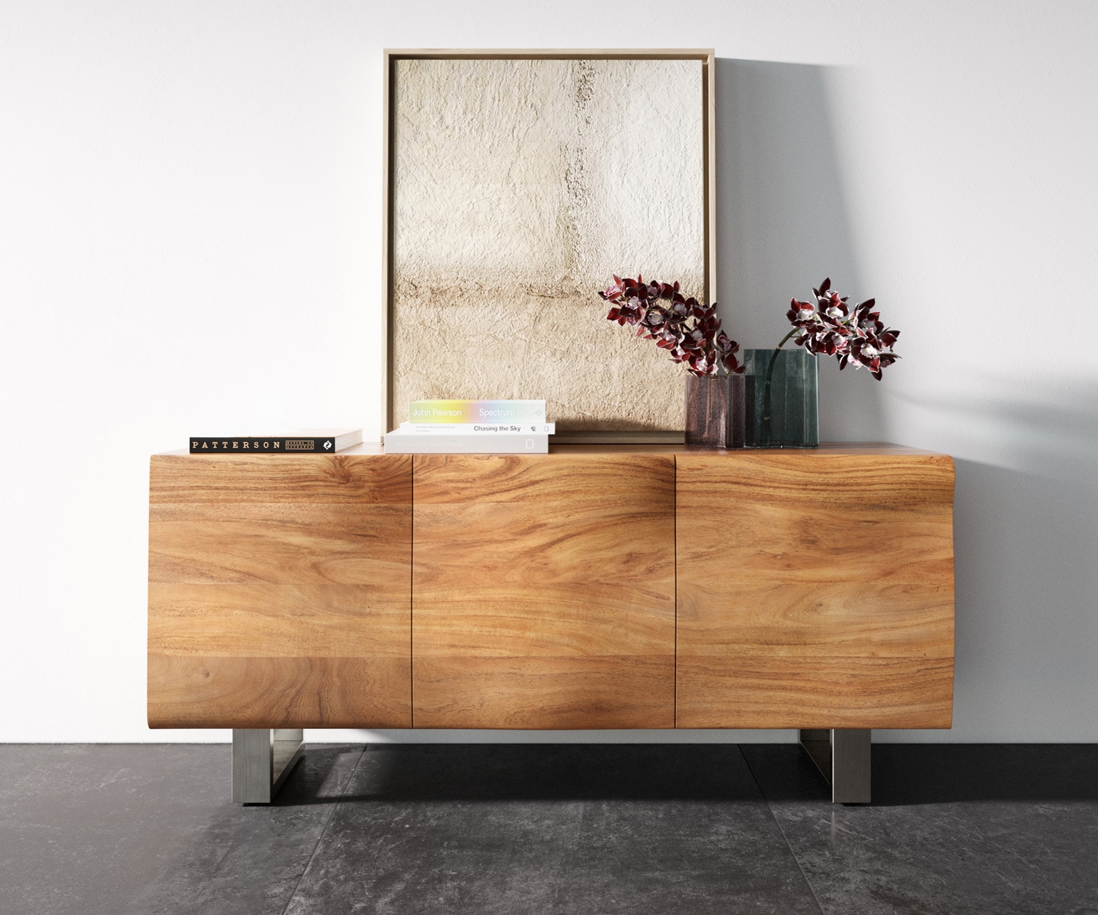 Sideboard New Live-Edge 145 cm Akazie Natur 3 Türen Kufe Edelstahl gebürstet 4