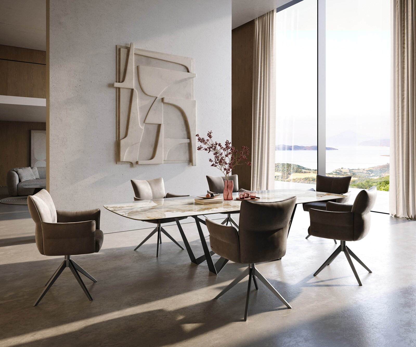 Esstisch Edge Boot 300x120 cm Keramik Minas Melange Weiß-Beige Spider Flachstahl Edelstahl Graphit 6