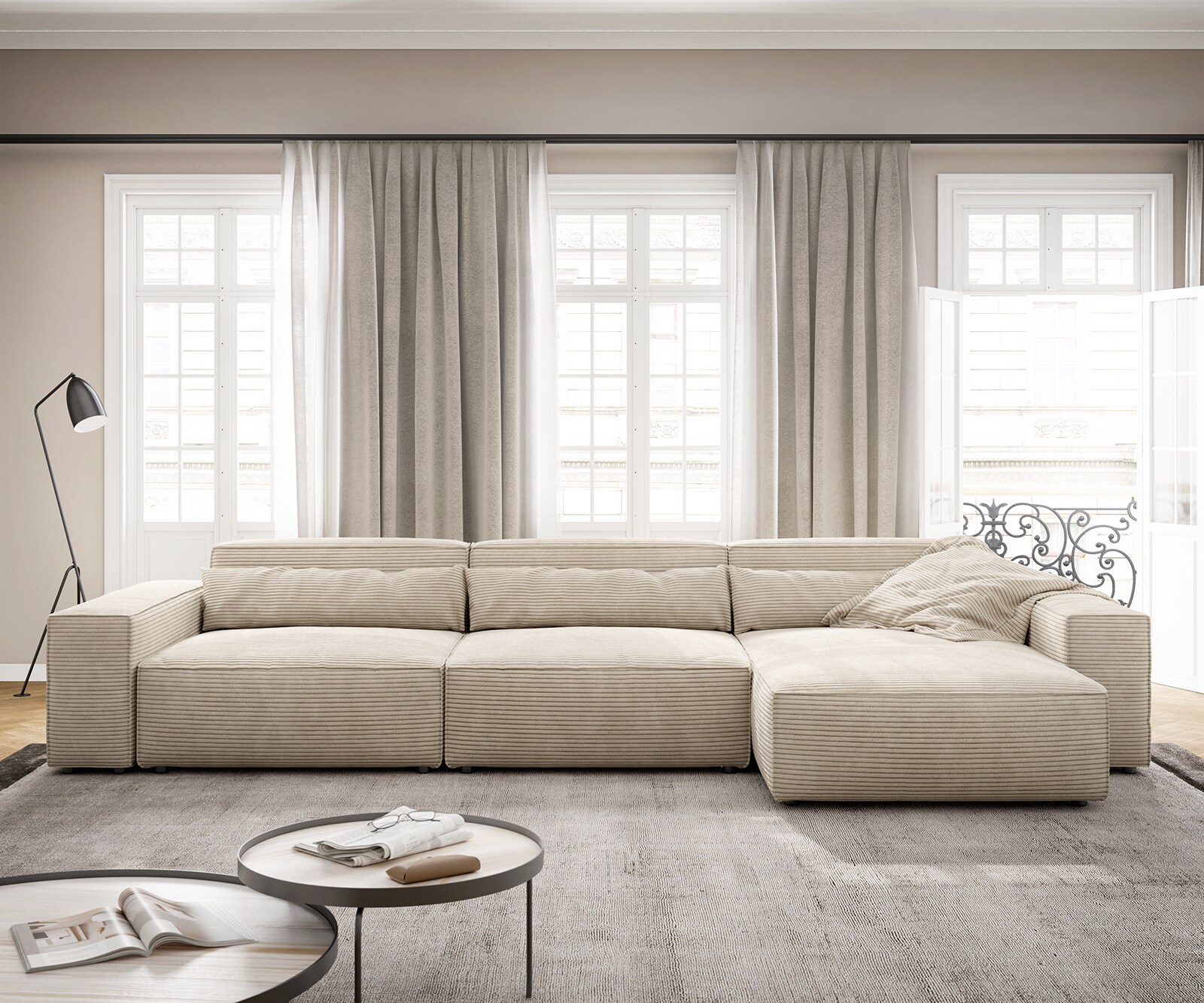 Ecksofa Sirpio XL 370x170 cm Cord Beige Recamiere variabel 2