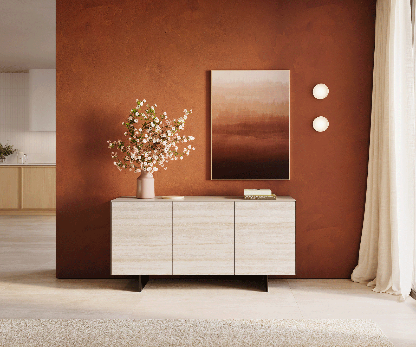 Sideboard Cuor 150 cm Keramik Laminam® Travertino Bianco Creme-Weiß 3 Türen Fuß Schwebeoptik Metall Schwarz 2