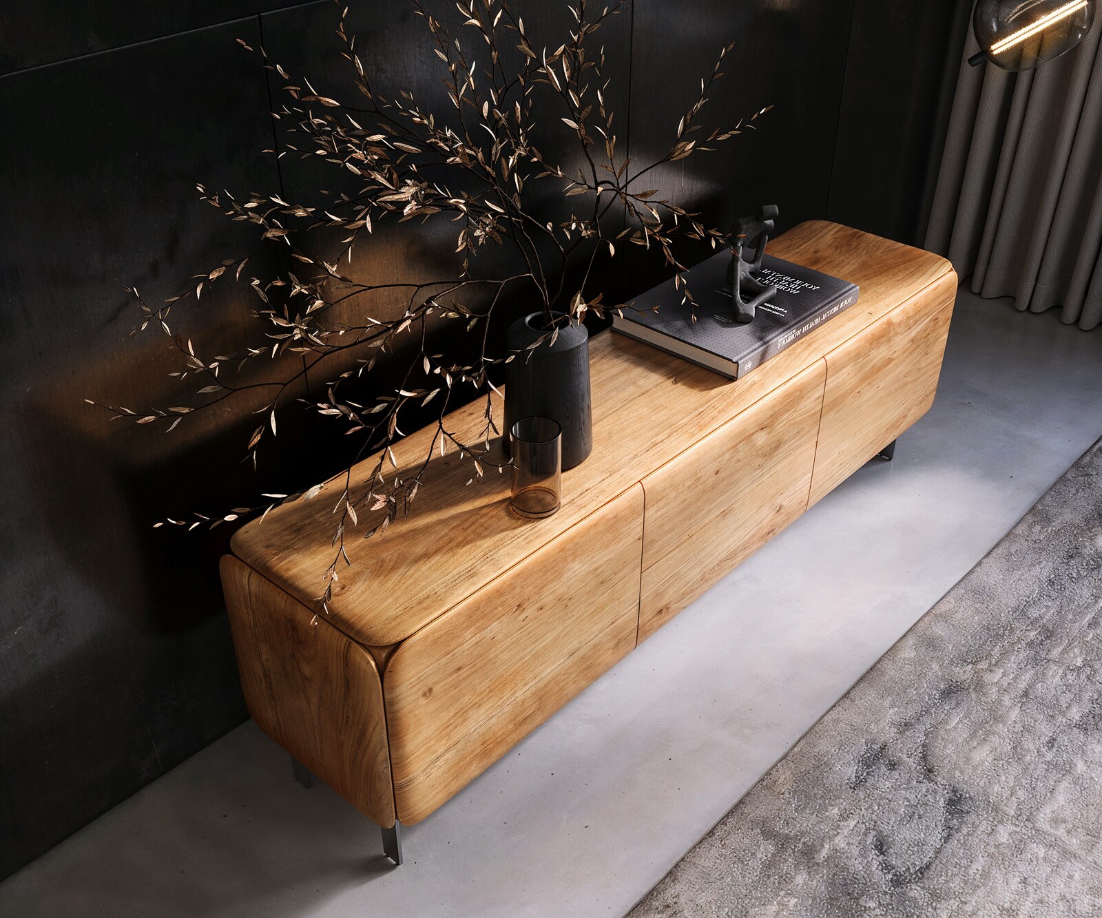 Lowboard Shavani 175 cm Akazie Natur 2 Türen 2 Schubladen L-Fuß Edelstahl Silber 4