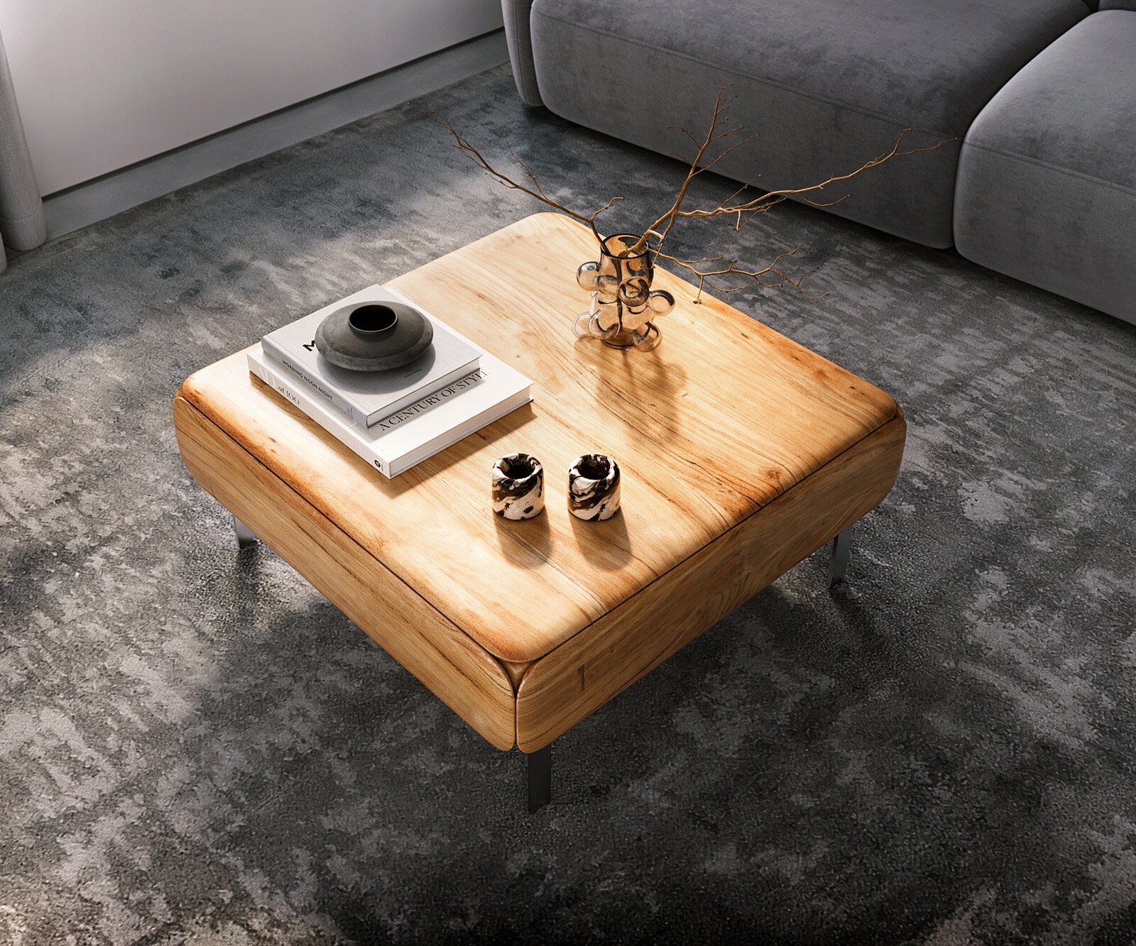 Couchtisch Shavani 90x90 cm Akazie Natur 2 Türen L-Fuß Edelstahl Silber 4