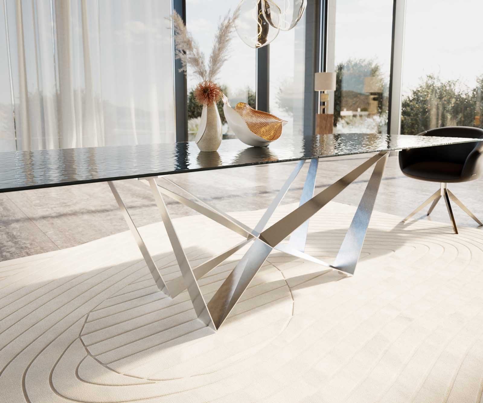 Esstisch Edge 300x100 Reliefglas Rauchschwarz 3D-Design Spider Flachstahl Edelstahl 5