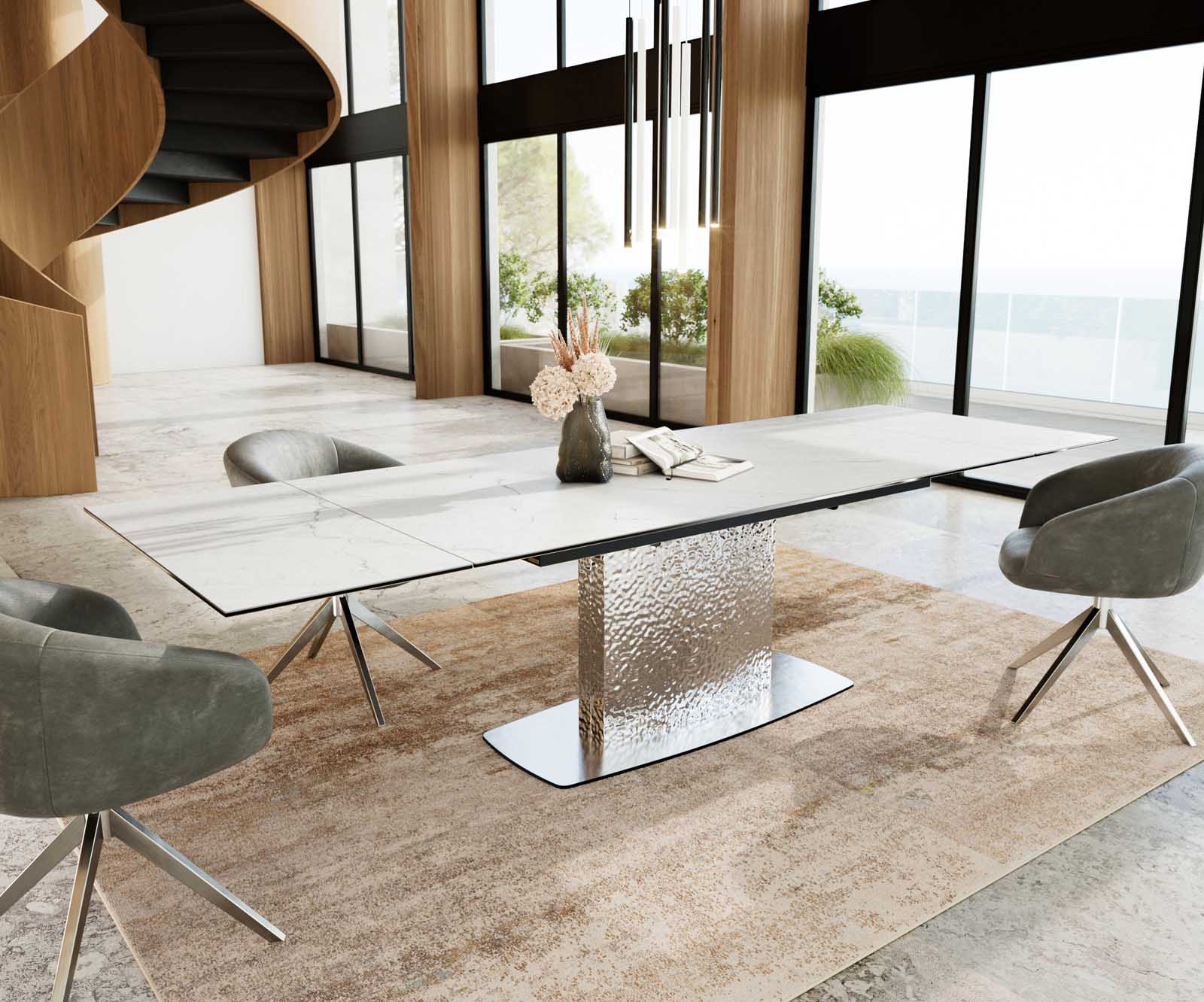 Esstisch Edge 200-300x100 Keramik Laminam®Statuarietto Weiß Wave Edelstahl ausziehbar 8