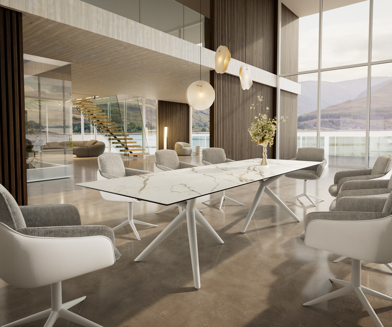 Esstisch Edge 300x100 Keramik Calacatta Luxe Weiß-Gold-Grau Estelar rund Metall Weiß 5