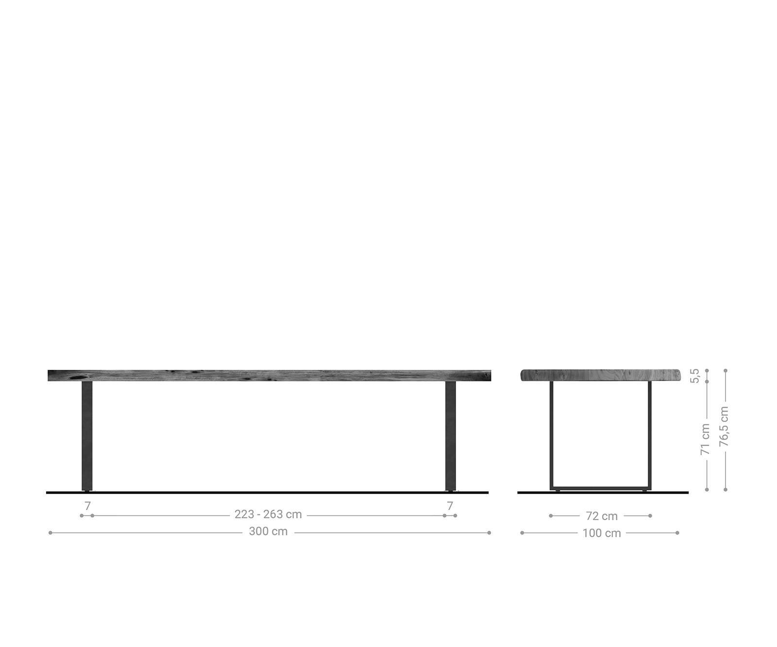 Esstisch Edge 300x100 XL Akazie Platin Metall Schmal schwarz Live-Edge 5