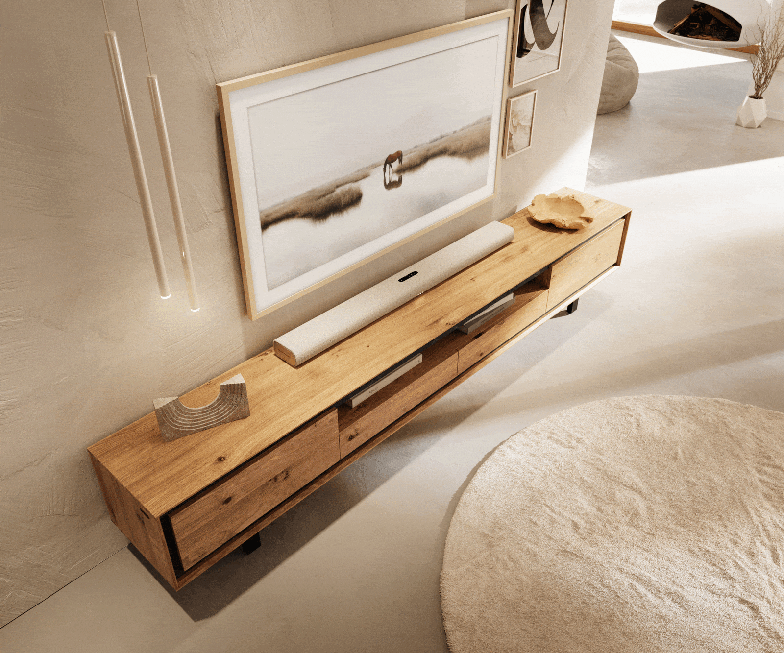 Lowboard Stonegrace 240 cm Eiche Natur 2 Türen 2 Schubladen 1 Fach Fuß Vierkant Metall Schwarz 3 Lowboard Stonegrace 240 cm Eiche Natur 2 Türen 2 Schubladen 1 Fach Fuß Vierkant Metall Schwarz 3