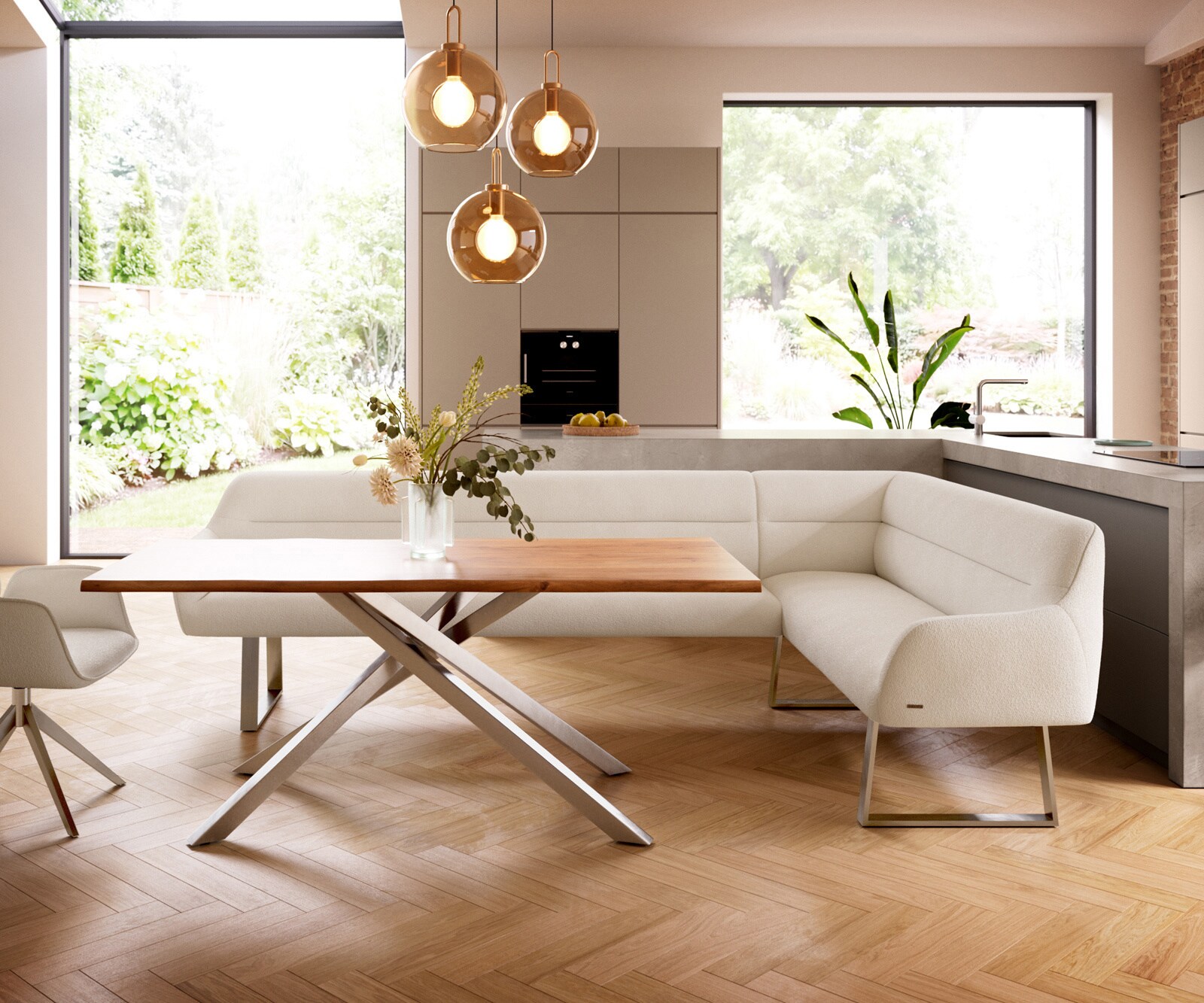 Esszimmerbank Taya-Flex 285x190 cm Bouclé Creme-Weiß Kufengestell kantig Edelstahl Taschenfederkern Links 1