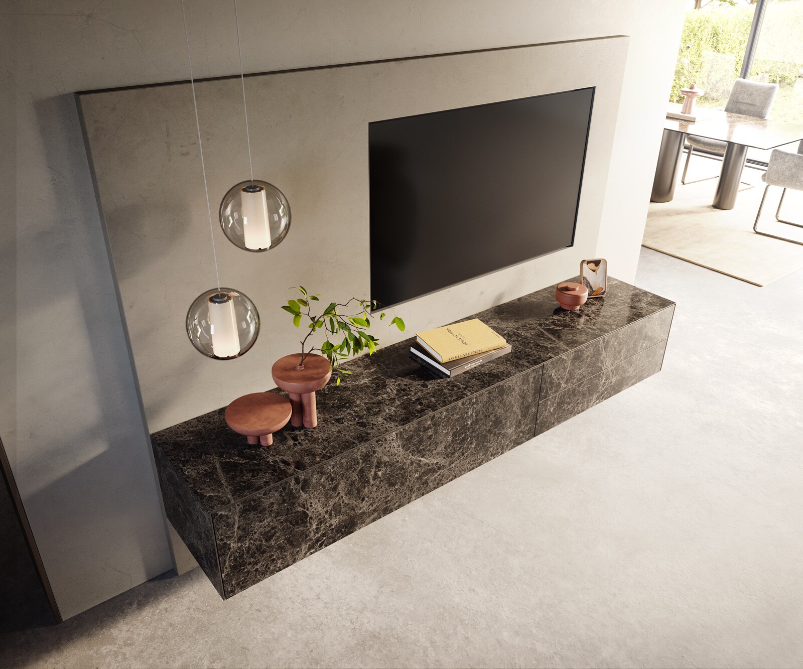 Lowboard Cuor 220 cm Keramik Laminam® Emperador Extra Lucidato Dunkelbraun 1 Klappe 2 Schubfächer Schwebend 4