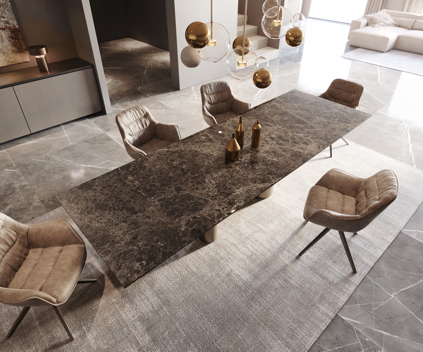 Esstisch Edge 300x100 Keramik Laminam® Emperador Extra Lucidato Dunkelbraun Pilier Metall Effektfinish Titan 5