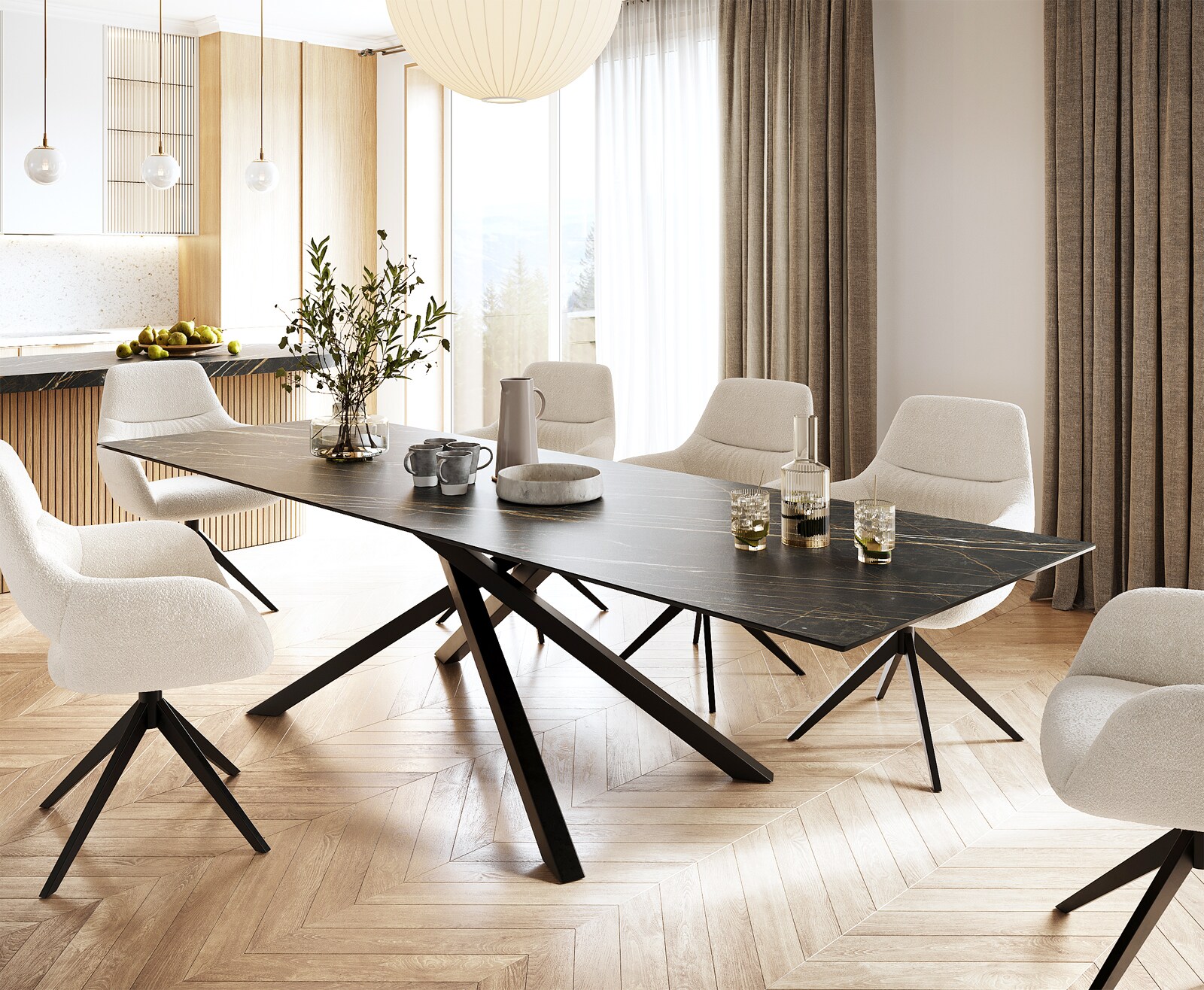 Esstisch Edge 300x100cm Keramik Laminam®Noir Desir Braun Mittelfuß Kreuz Schwarz 4