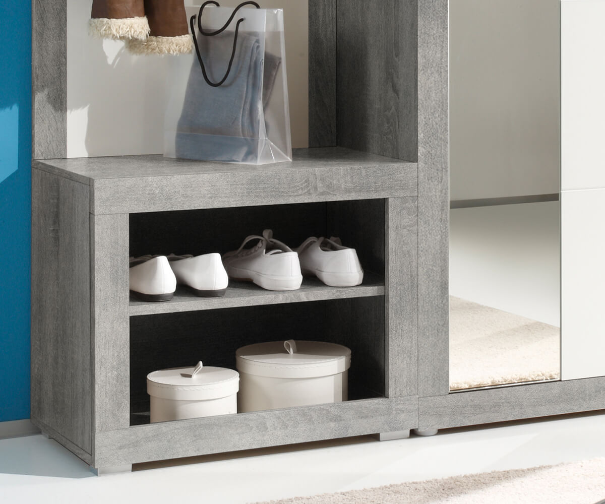 Dielenmöbel Shandor 60x195 Weiss Hochglanz Grau Sitzbank 2