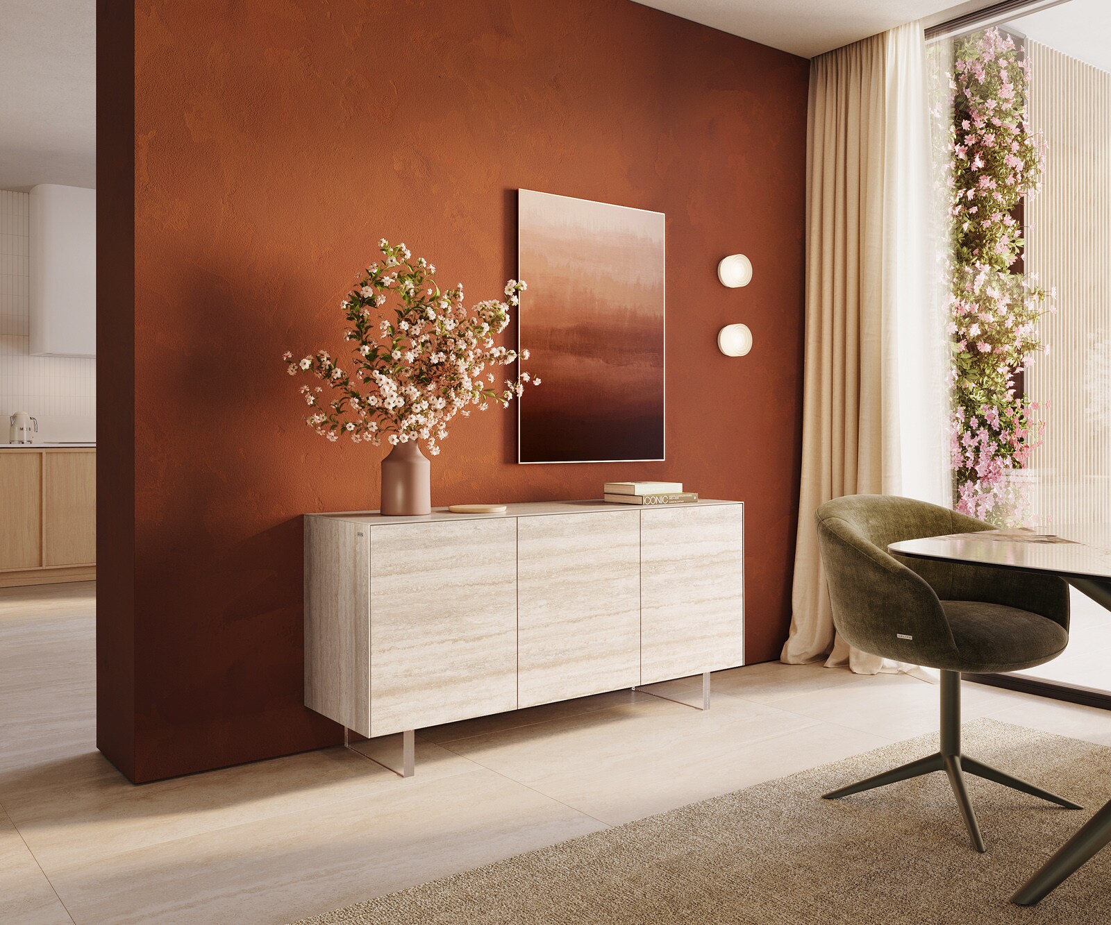 Sideboard Cuor 150 cm Keramik Laminam® Travertino Bianco Creme-Weiß 3 Türen Fuß Schwebeoptik Acrylglas 1