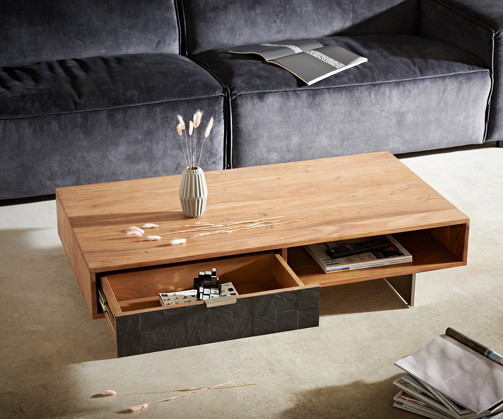 Couchtisch Teele 115x60 cm Akazie Natur Schiefer 2 Schubfächer Fuß schwebend Edelstahl 3 Couchtisch Teele 115x60 cm Akazie Natur Schiefer 2 Schubfächer Fuß schwebend Edelstahl 3