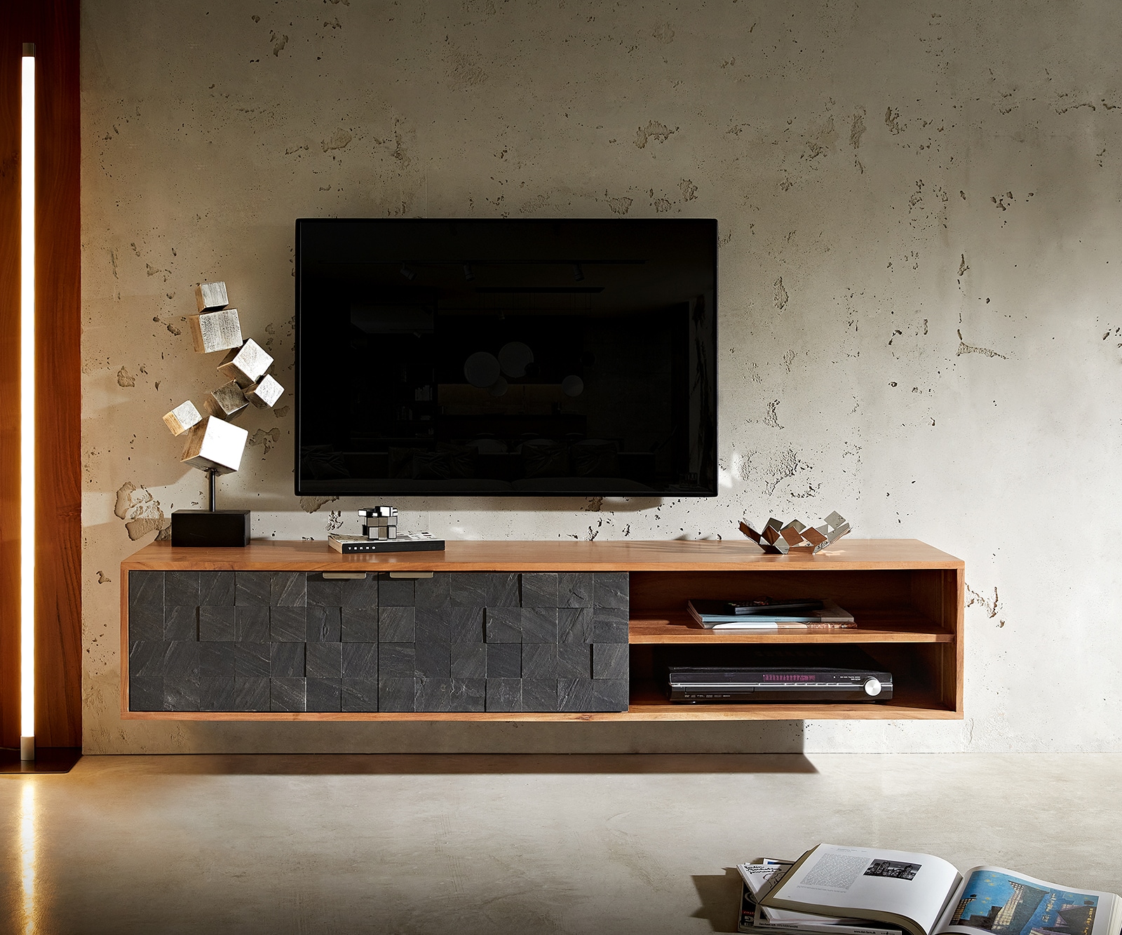 Lowboard Teele 160 cm Akazie Natur Schiefer 2 Türen schwebend 1 Lowboard Teele 160 cm Akazie Natur Schiefer 2 Türen schwebend 1