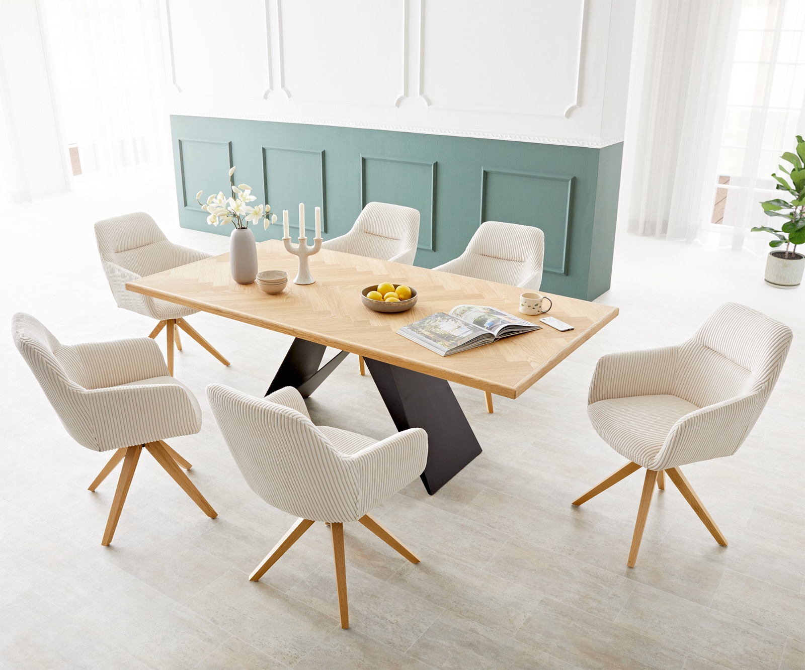 Polsterstuhl Pejo-Flex Holzgestell kantig Natur Cord Beige 360° drehbar Taschenfederkern