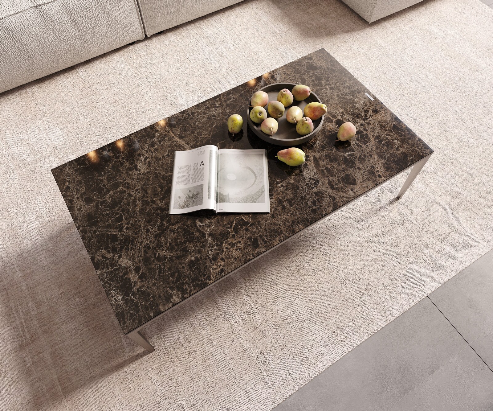 Couchtisch Levente 110x60 cm Keramik Emperador Extra Lucidato Dunkelbraun Gestell Edelstahl Silber 4