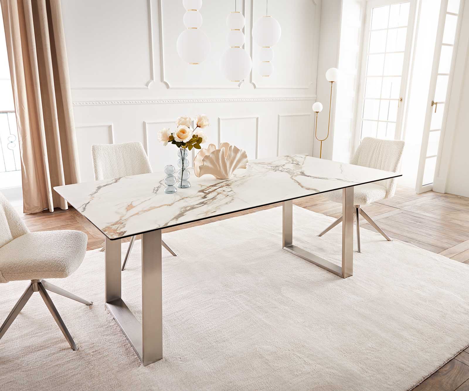 Esstisch Edge 200x100 Keramik Calacatta Luxe Weiß-Gold-Grau Edelstahl Schmal 1