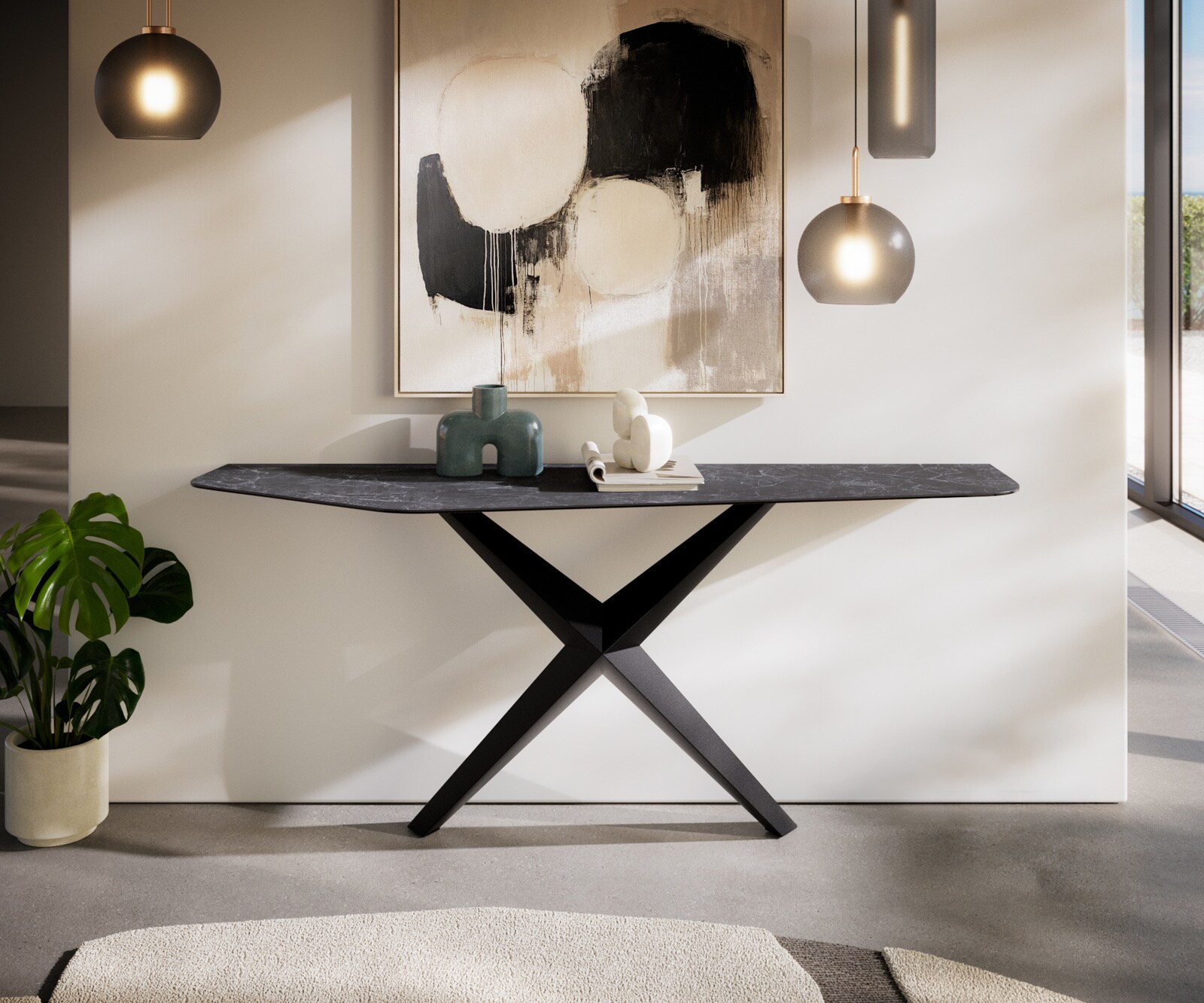 Konsolentisch Edge Polygonal 180x50 cm Keramik Laminam® Nero Greco Anthrazit Zentharo Metall Schwarz 1