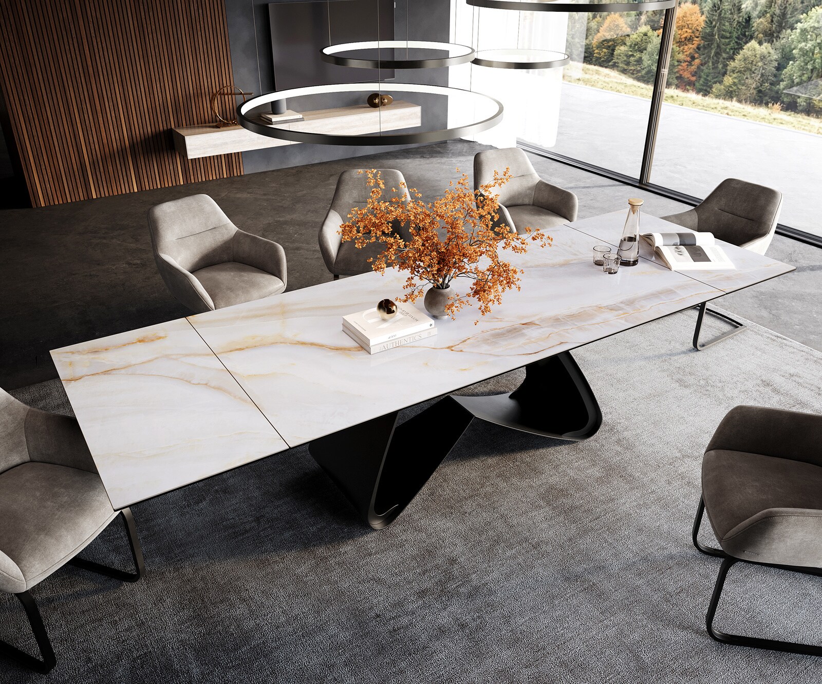 Esstisch Edge 200-300x100 cm Keramik Onyx Pearl W-Gestell Metall Schwarz ausziehbar 4