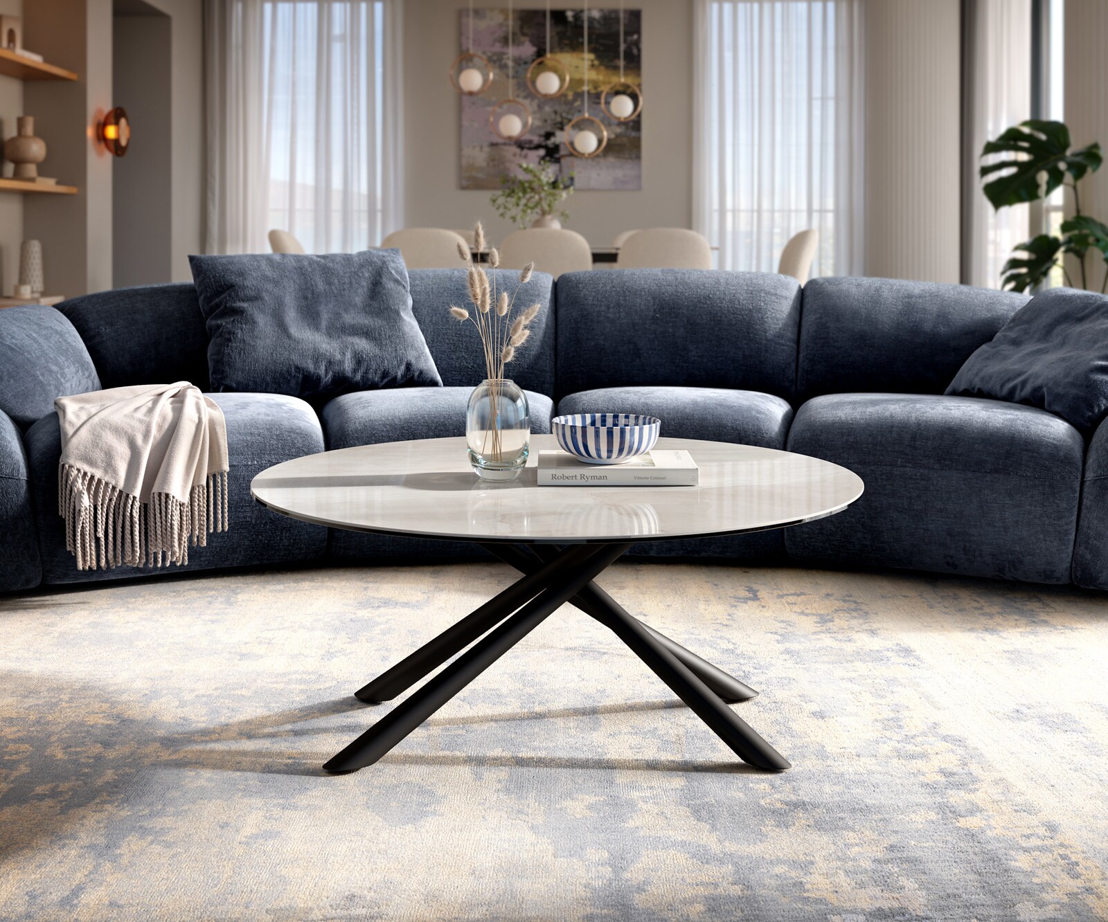 Couchtisch Edge Rund 100x100 cm Keramik Onyx Champagne Sarity Metall Schwarz 2