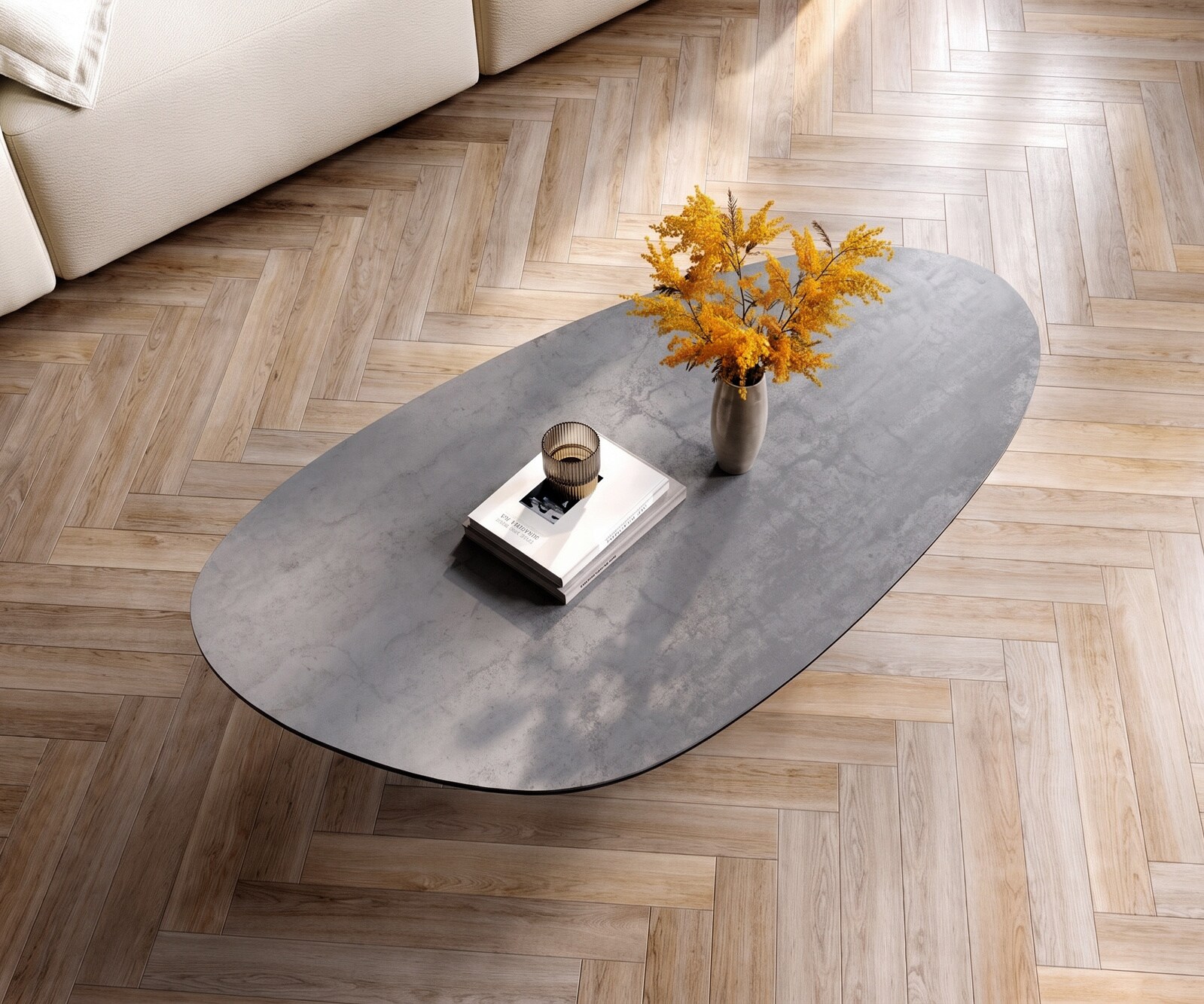 Couchtisch Edge Oval 140x75 cm Keramik Beton Grau Sarity Metall Schwarz 3