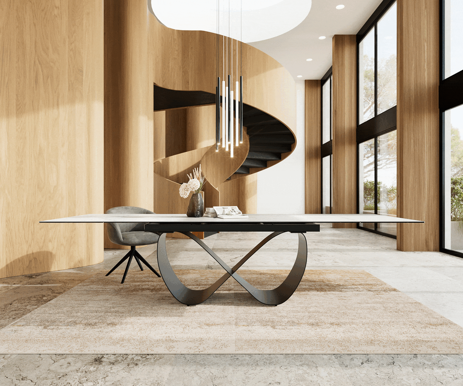 Esstisch Edge 200-300x100 cm Keramik Laminam® Statuarietto Weiß Infinity Metall Schwarz ausziehbar 1