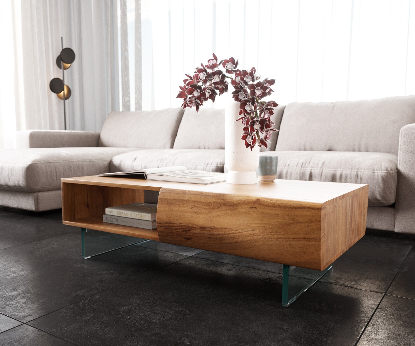 Couchtisch New Live-Edge 115x60 cm Akazie Natur 2 Schubladen 1 Fach Glasfuß schwebend 1