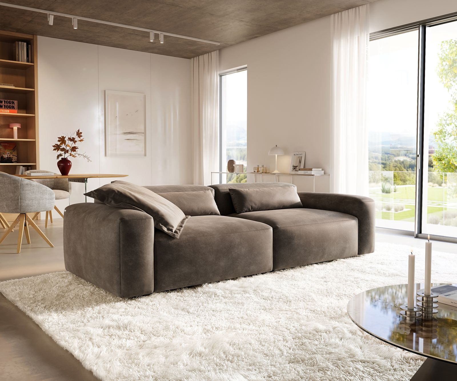 Big-Sofa Freestyle 280x110 cm Mikrofaser Taupe Vintage Kappnaht 1