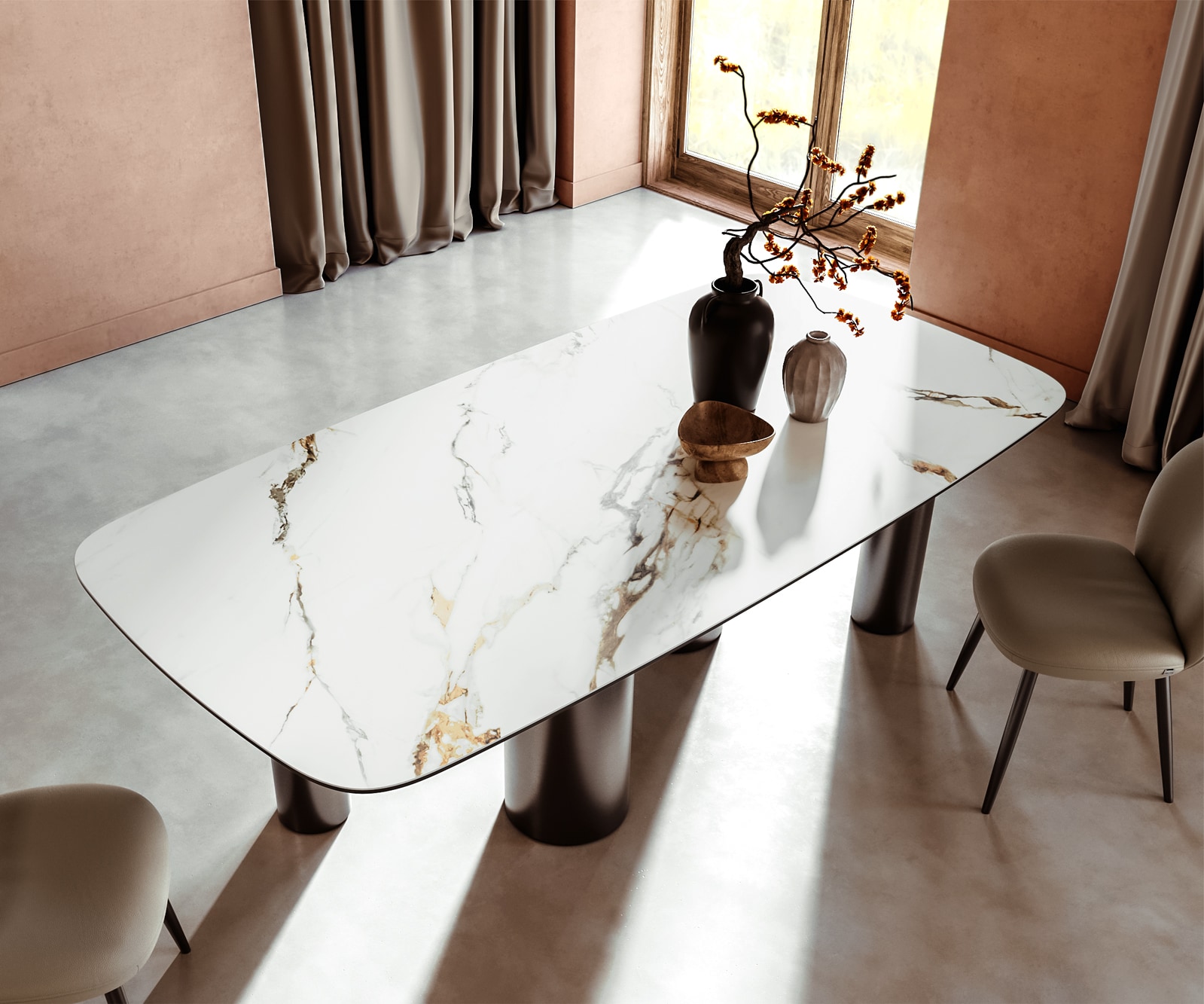 Esstisch Edge Boot 240x120 Keramik Calacatta Luxe Weiß-Gold-Grau Pilier Edelstahl Graphit 3 Esstisch Edge Boot 240x120 Keramik Calacatta Luxe Weiß-Gold-Grau Pilier Edelstahl Graphit 3